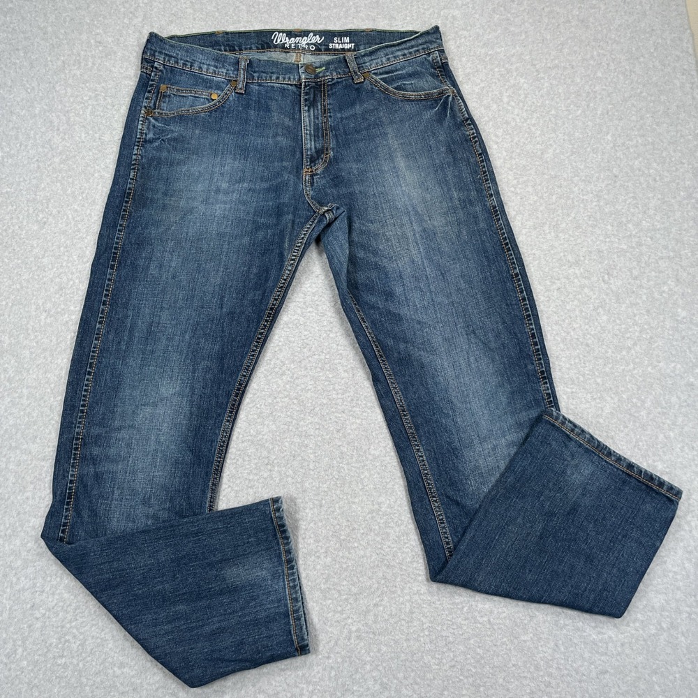 Wrangler Retro Slim Straight Jeans Men 36x34 (36x33) Blue Denim Workwear Western